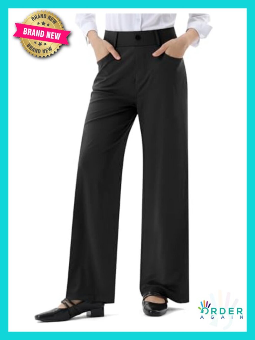 Wide Straight Leg Pull On Work Pants with Pockets Business Casual Trousers